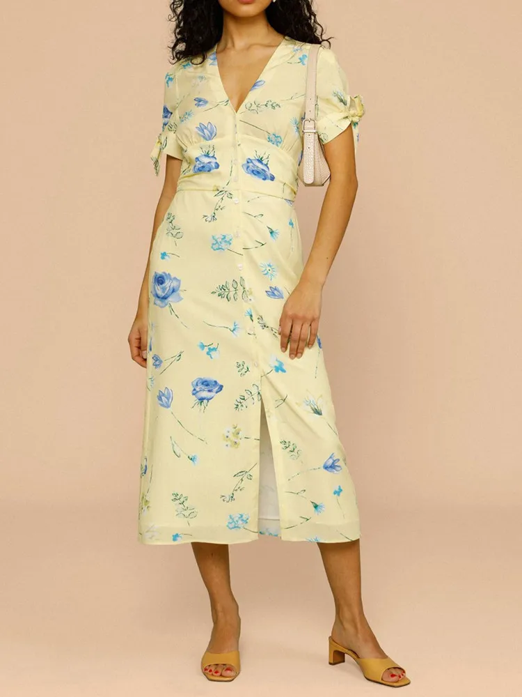 Women V-Neck Waist Slim Midi Dress Floral Print Lace-up Short Sleeve Ladies Single-Breasted Split Long Dresses For Holiday Robe
Women V-Neck Waist Slim Midi Dress Floral Print Lace-up Short Sleeve Ladies Single-Breasted Split Long Dresses For Holiday Robe