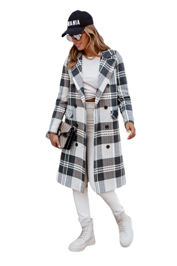 

Женское шерстяное пальто в клетку, двубортный Кардиган с длинным рукавом, Осень-зима 2021