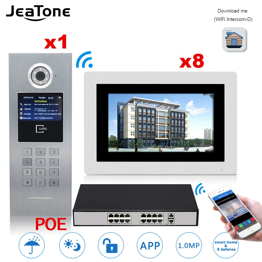 

Jeatone Touch Screen WIFI Video Door Phone Intercom +POE Switch 8 Floors Building Access Control System Support Password/IC Card