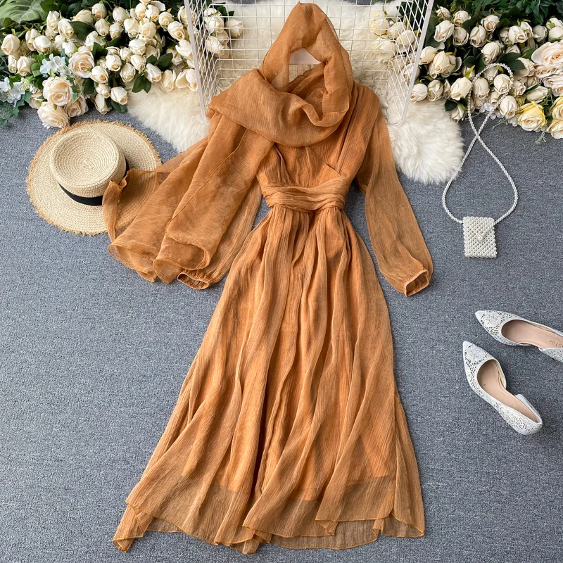 Sexy Deep V-Neck Long Sleeve Chiffon Dress Women Vintage High Waist Female Dresses With Scarf New Fashion Vestidos Autumn 2020
Sexy Deep V-Neck Long Sleeve Chiffon Dress Women Vintage High Waist Female Dresses With Scarf New Fashion Vestidos Autumn 2020