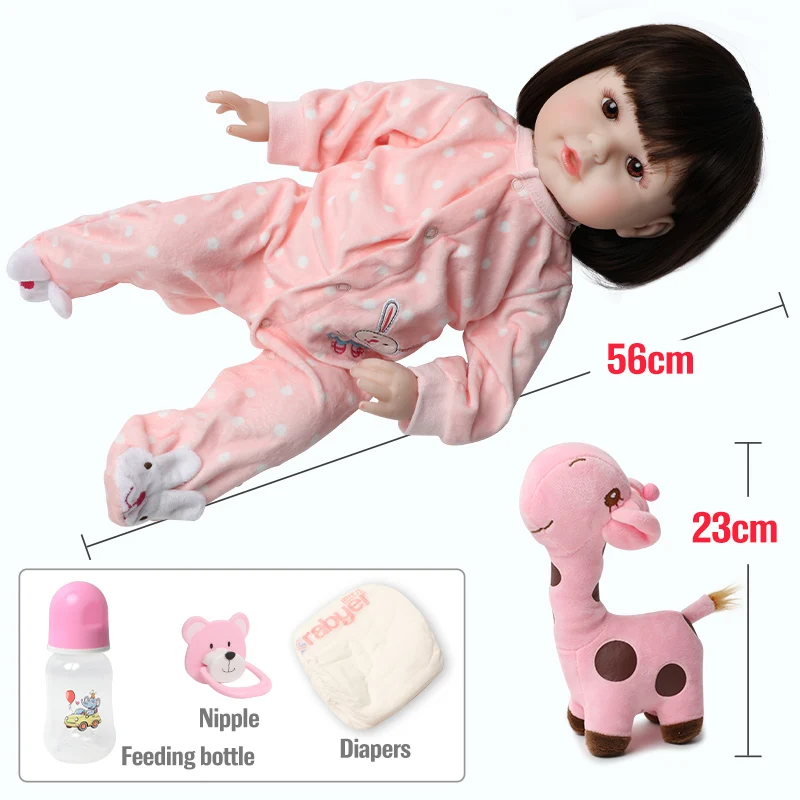 

22 inch soft Silicone bebe Reborn Dolls 56CM Realistic Real Girl long hair Baby Doll nipple giraffe education Toys for Children