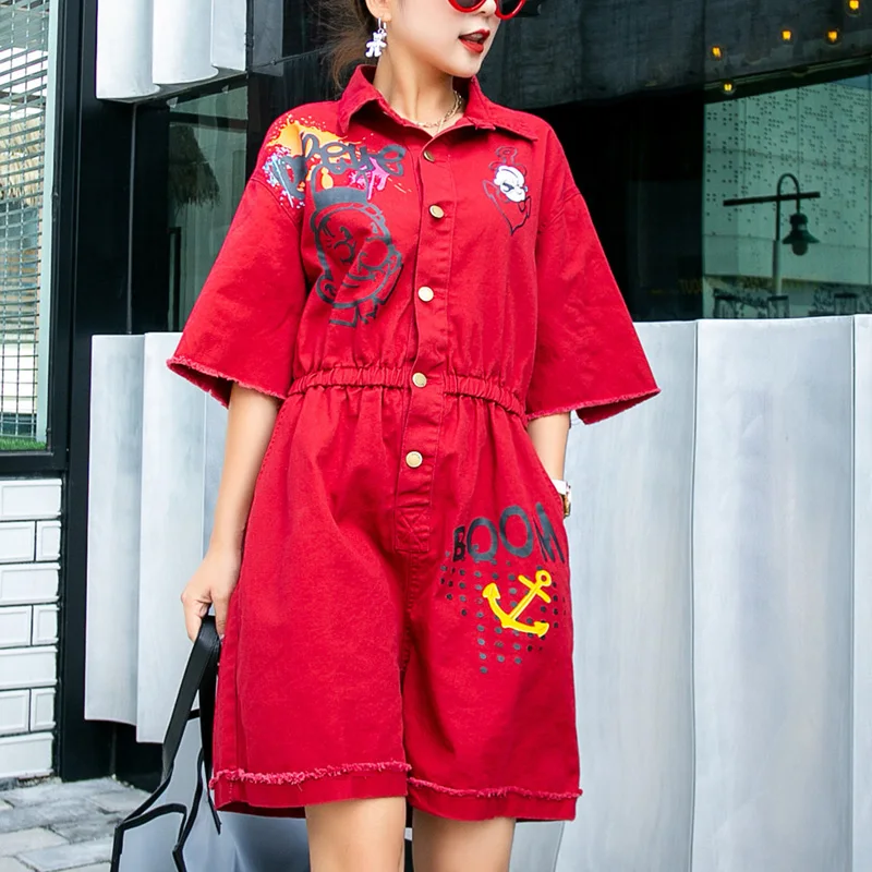 Cartoon print short sleeve Romper oversized hip hop bodysuit summer streetwear pocket short Playsuit cotton denim jumpsuit women
Cartoon print short sleeve Romper oversized hip hop bodysuit summer streetwear pocket short Playsuit cotton denim jumpsuit women