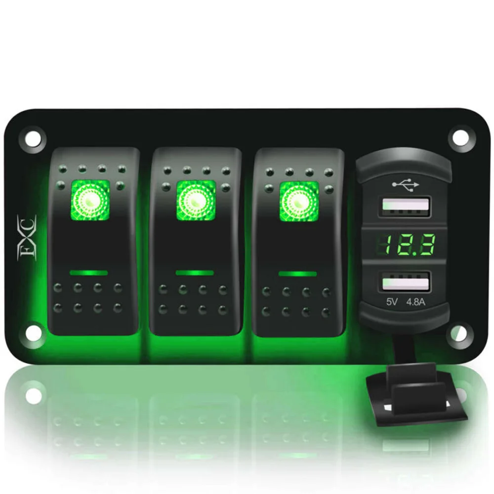 4 Gang Toggle Rocker Switch Panel USB Car Boat Marine RV Truck Green LED 12V-24V Night Glow Builts In Digital LED Voltage Monito
4 Gang Toggle Rocker Switch Panel USB Car Boat Marine RV Truck Green LED 12V-24V Night Glow Builts In Digital LED Voltage Monito