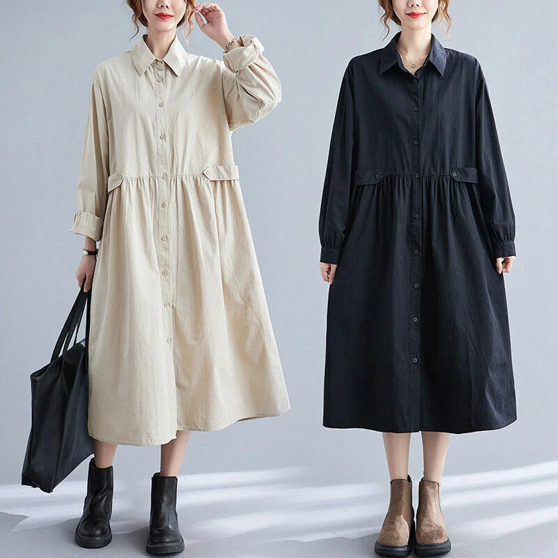 Spring Autumn Woman Shirt Dress Pleated Buttoned Lapel Collar Long Sleeves Korean Version Midi Dress Woman Casual
Spring Autumn Woman Shirt Dress Pleated Buttoned Lapel Collar Long Sleeves Korean Version Midi Dress Woman Casual