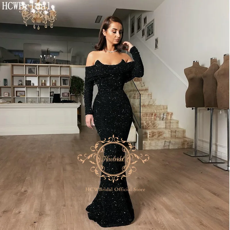Off The Shoulder Black Evening Dress Long Sleeves Mermaid Glitter Sequins Formal Occasion Women Evening Party Gowns
Off The Shoulder Black Evening Dress Long Sleeves Mermaid Glitter Sequins Formal Occasion Women Evening Party Gowns
