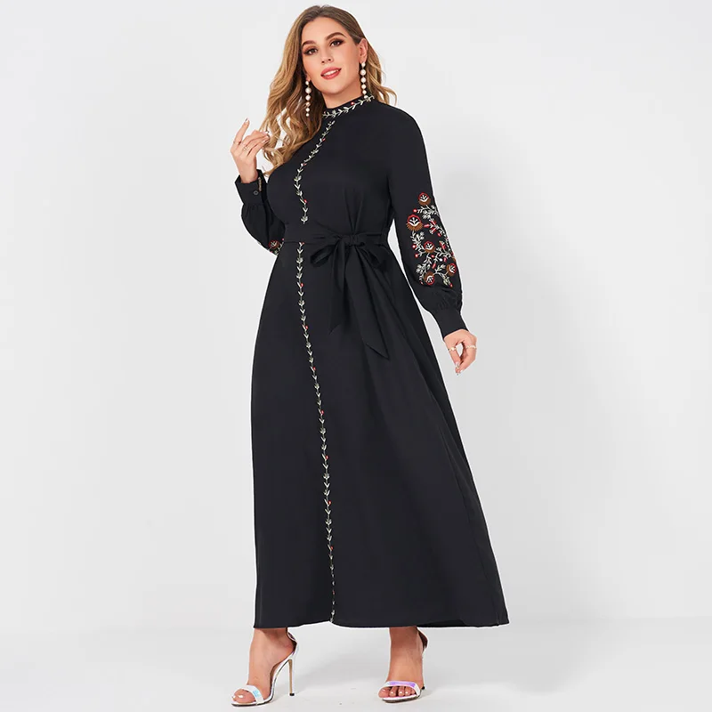 Ladies Fashion Resort Small Stand Collar Floral Embroidery Long Sleeve Loose Belt Sweet Elegant Woman Black Party Maxi Dress 4XL
Ladies Fashion Resort Small Stand Collar Floral Embroidery Long Sleeve Loose Belt Sweet Elegant Woman Black Party Maxi Dress 4XL
