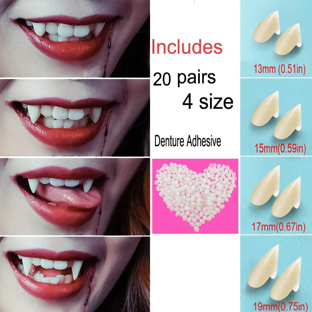 20 Pairs Fake Vampire Teeth Fangs Halloween Party Zombie Ghost Devil Cosplay - Include Denture Adhesive - (13mm 15mm 17mm 19mm)
20 Pairs Fake Vampire Teeth Fangs Halloween Party Zombie Ghost Devil Cosplay - Include Denture Adhesive - (13mm 15mm 17mm 19mm)