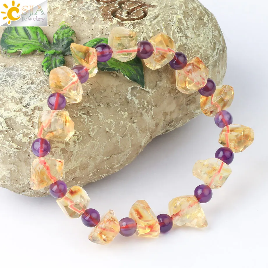 

CSJA Natural Gem Stone Bracelets Irregular Real Citrines Crystal Bracelet Yellow Purple Quartz Tumble Reiki Genuine Bangle G810