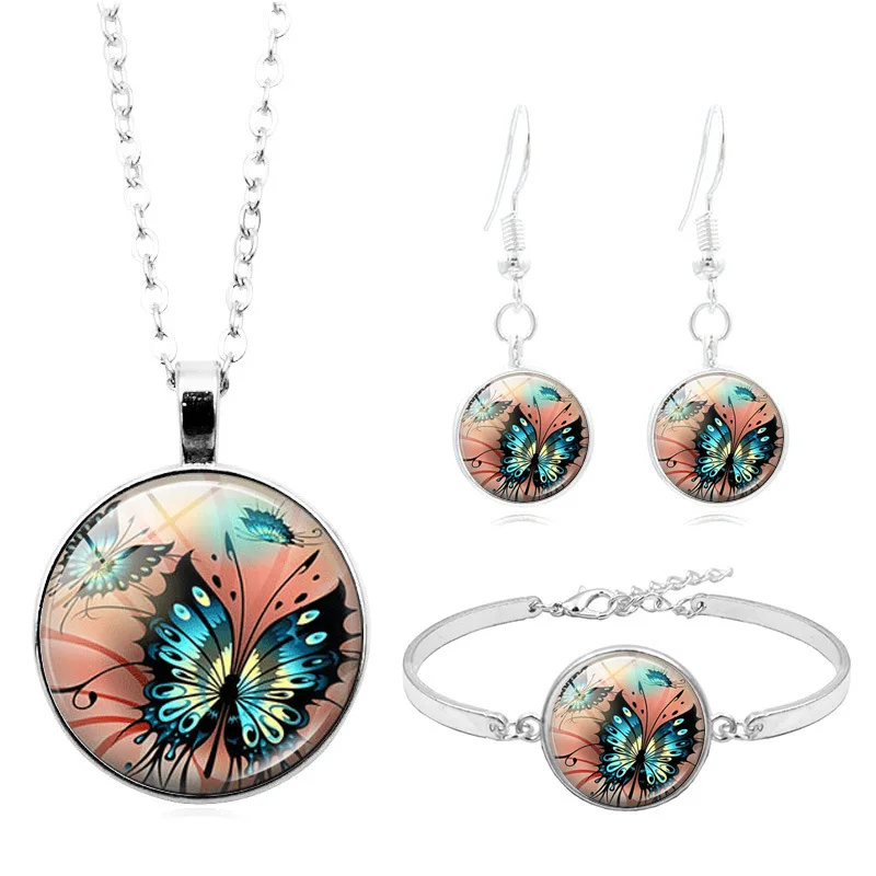 Butterfly Cabochon Glass Pendant Necklace Bracelet Bangle Earrings Jewelry Set Totally 4Pcs for Women Fashion Sweater Chain
Butterfly Cabochon Glass Pendant Necklace Bracelet Bangle Earrings Jewelry Set Totally 4Pcs for Women Fashion Sweater Chain