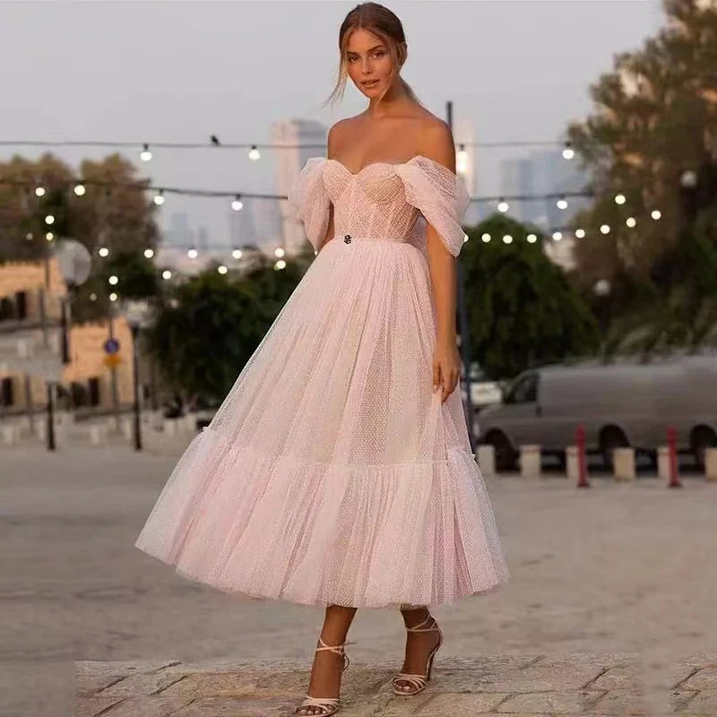 Bridesmaid Pink off the shoulder Tulle Dress Elegant Tea Length Bride Gown For women Reception Wedding party birthday vestidos
Bridesmaid Pink off the shoulder Tulle Dress Elegant Tea Length Bride Gown For women Reception Wedding party birthday vestidos