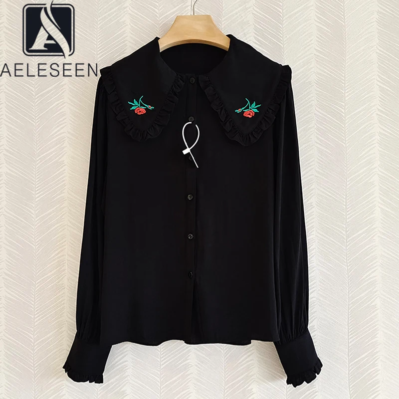 Женская блузка с цветочной вышивкой AELESEEN, Элегантная черная рубашка с воротником в стиле Питера Пэна, с оборками
Женская блузка с цветочной вышивкой AELESEEN, Элегантная черная рубашка с воротником в стиле Питера Пэна, с оборками