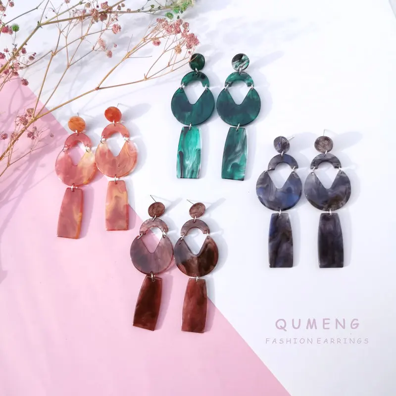 

QUMENG 2020 Exaggerated Earrings for Women Acrylic Acetic Acid Sheet Geometric Circle Bohemia Print stud Earring Tassel jewelry