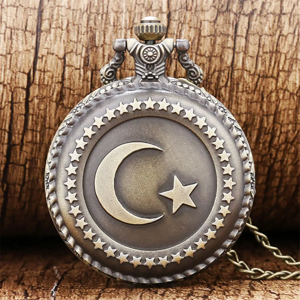 

Moon Star Turkey Flag Necklace Pendant Quartz Pocket Watch Arabic Numerals Dial Retro Bronze Collection Souvenir Gifts Men Women