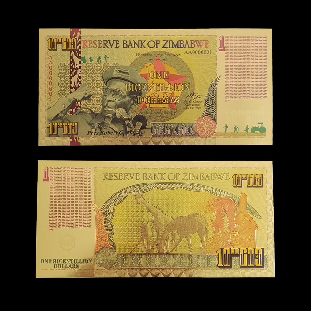 Zimbabwe Notes One Bicentillion Dollars Note Gold Banknote with Certificates In 24k Gold Plated For Collection
Zimbabwe Notes One Bicentillion Dollars Note Gold Banknote with Certificates In 24k Gold Plated For Collection