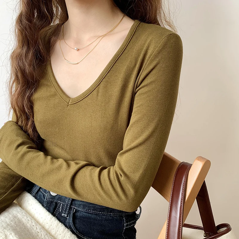 Basic Screw Thread Knitted T-shirt Women Fashion V-neck Long Sleeve Slim Tee Shirt Autumn Winter Ladies Casual All-match Tops
Basic Screw Thread Knitted T-shirt Women Fashion V-neck Long Sleeve Slim Tee Shirt Autumn Winter Ladies Casual All-match Tops