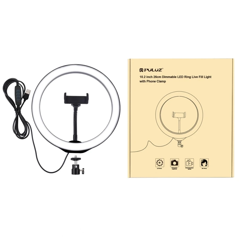 PU397 10.2 inch 26cm USB 3 Modes Dimmable LED Ring Vlogging Photography Video Lights with Cold Shoe Tripod Ball Head
PU397 10.2 inch 26cm USB 3 Modes Dimmable LED Ring Vlogging Photography Video Lights with Cold Shoe Tripod Ball Head