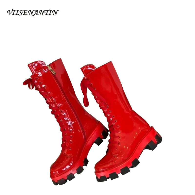 European and American Lace-up Platform Shoes Chunky Sole Motorcycle Boots Autumn and Winter Patent Leather Round Toe Boots Women
European and American Lace-up Platform Shoes Chunky Sole Motorcycle Boots Autumn and Winter Patent Leather Round Toe Boots Women