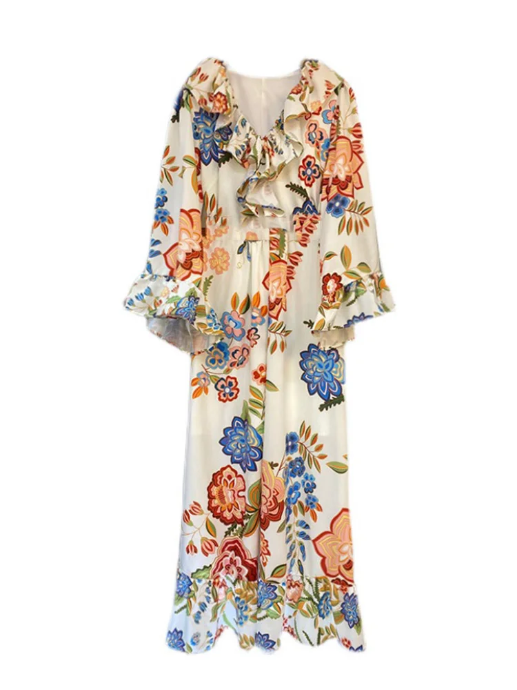 Ruffled V-neck Flare Sleeves Retro Printed High Waist A-line Loose Frills Big Pendant Dress Ladies Autumn New Fashion
Ruffled V-neck Flare Sleeves Retro Printed High Waist A-line Loose Frills Big Pendant Dress Ladies Autumn New Fashion