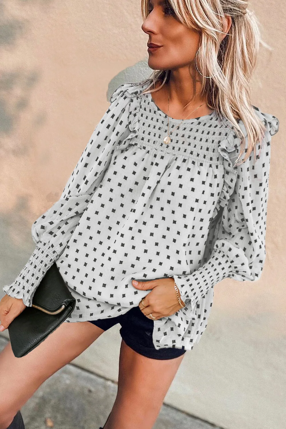 SEBOWEL Woman Elegant Smocked Ruffle Trim Blouse Crewneck Long Balloon Sleeves Geometric Tops Female Casual Loose Shirts 2021
SEBOWEL Woman Elegant Smocked Ruffle Trim Blouse Crewneck Long Balloon Sleeves Geometric Tops Female Casual Loose Shirts 2021
