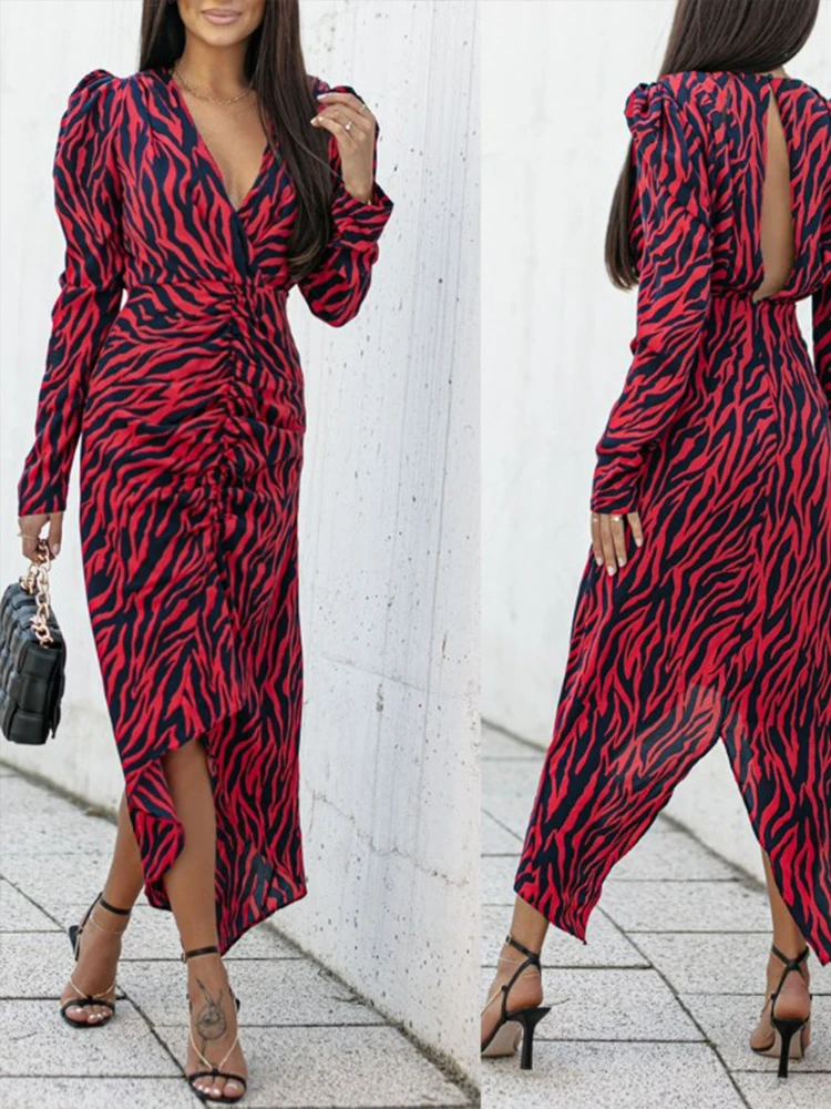 

Shein Romwe Vestido De Mujer Casual Zebra Stripe Print Slit Cutout Ruched Dip Hem Puff Sleeve Dress Vestido Maxi Daily Robe Femm