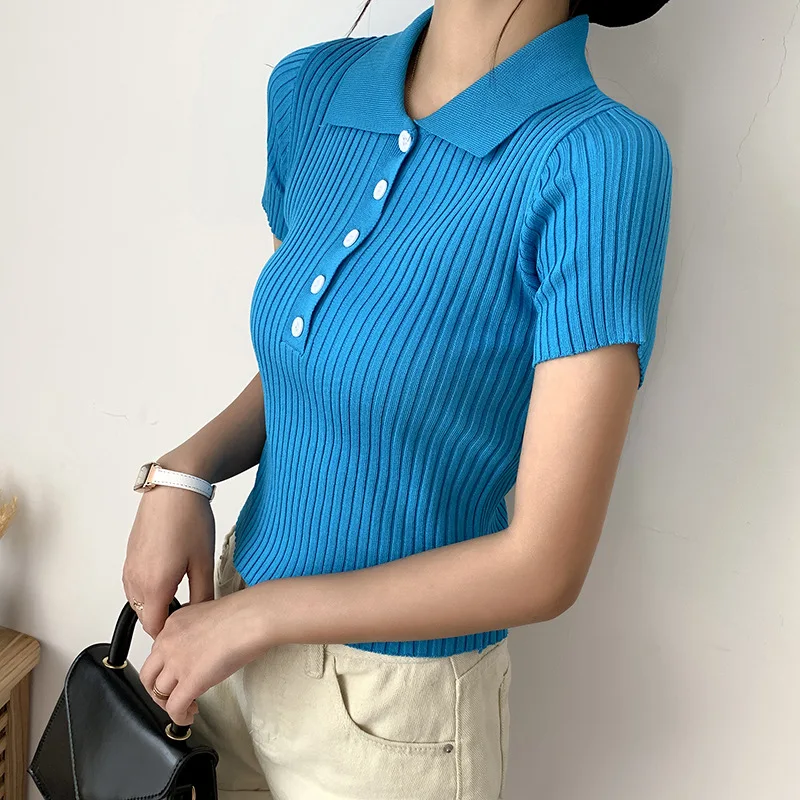 Кроп-топ женский с коротким рукавом Модная трикотажная футболка на пуговицах