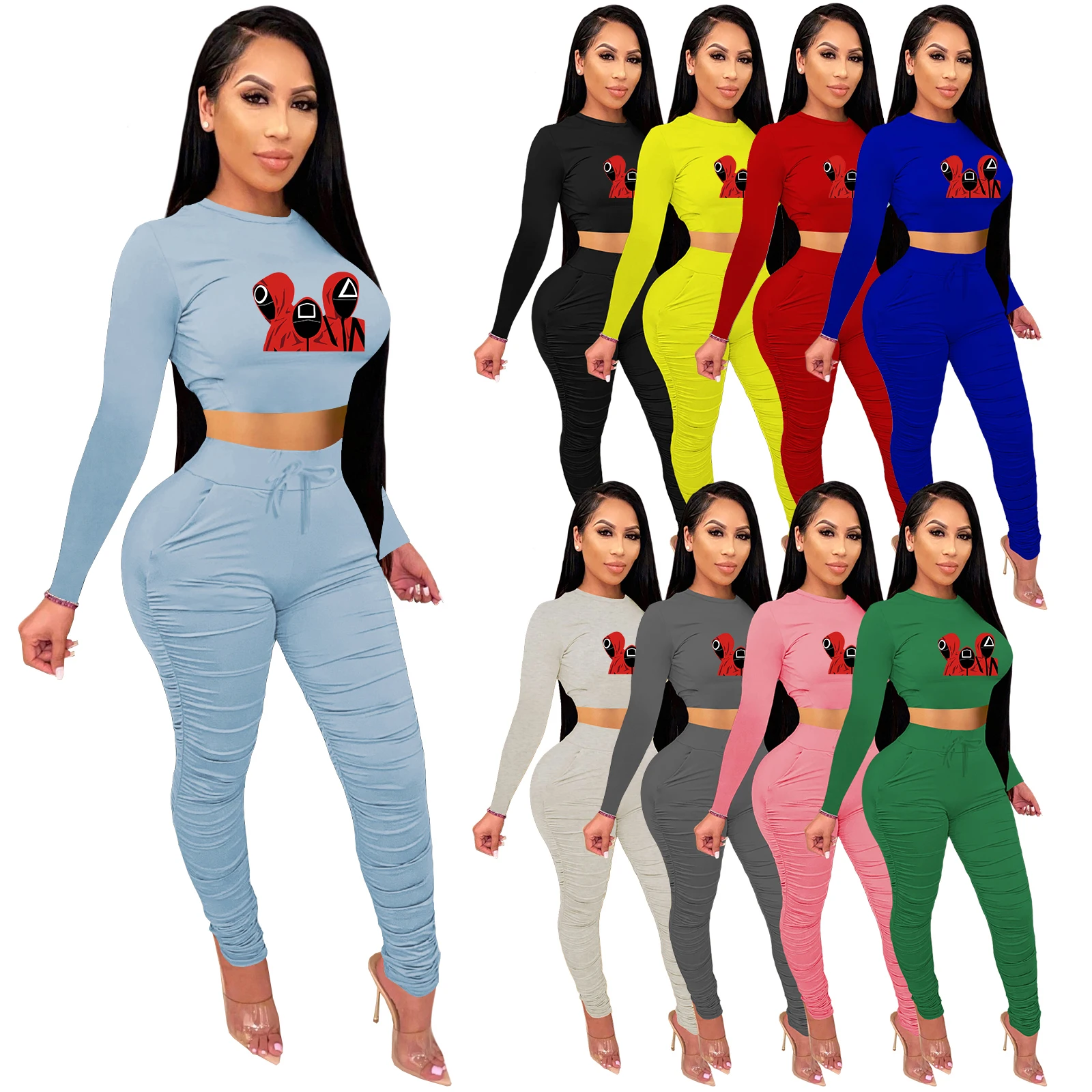 Hot Selling Trend New Dark Grey Squid Game Mask Man Printed Crop Top Sports Two Piece Ruched Set
Hot Selling Trend New Dark Grey Squid Game Mask Man Printed Crop Top Sports Two Piece Ruched Set
