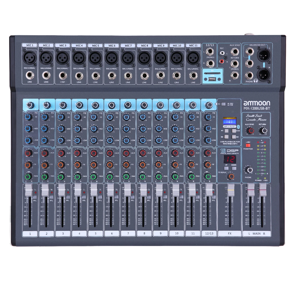 ammoon MX-1200USB-BT 12-Channel Mixing Console Mixer Built-in 16 DSP Effects +48V Phantom Power with Power Adapter
ammoon MX-1200USB-BT 12-Channel Mixing Console Mixer Built-in 16 DSP Effects +48V Phantom Power with Power Adapter