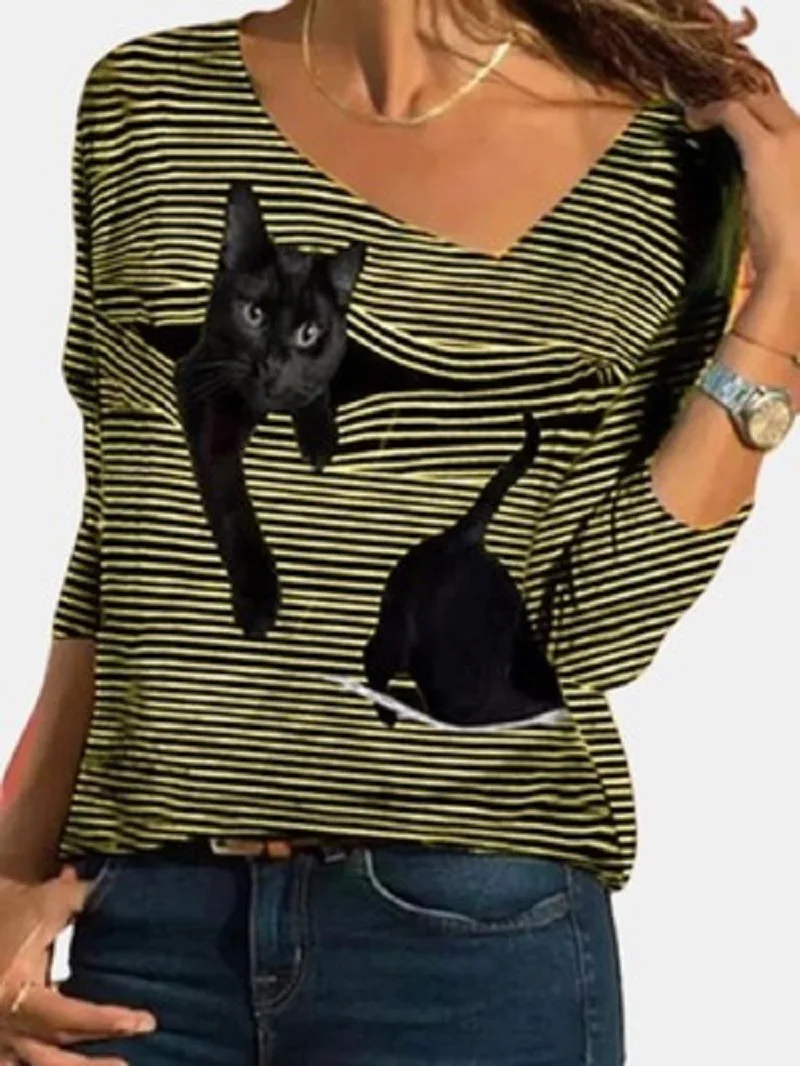 Spring Autumn Cat Print Ladies T-shirt Casual V-neck Zipper Striped Loose Soft Long Sleeve Pullover Variety Tops
Spring Autumn Cat Print Ladies T-shirt Casual V-neck Zipper Striped Loose Soft Long Sleeve Pullover Variety Tops