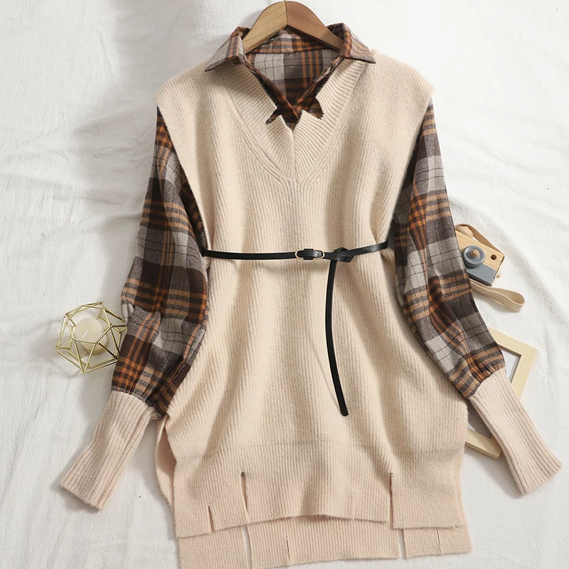 Autumn and winter buttoned check color check shirt + hedging V-neck split knit vest vest jacket two-piece suit
Autumn and winter buttoned check color check shirt + hedging V-neck split knit vest vest jacket two-piece suit
