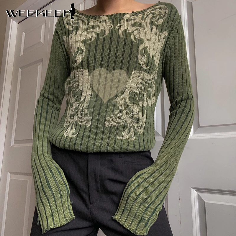 Weekeep Vintage Print Green Sweater Women Autumn Long Sleeve Dark Academia Style Knitted Jumpers Casual Streetwear y2k Pullovers 
Weekeep Vintage Print Green Sweater Women Autumn Long Sleeve Dark Academia Style Knitted Jumpers Casual Streetwear y2k Pullovers