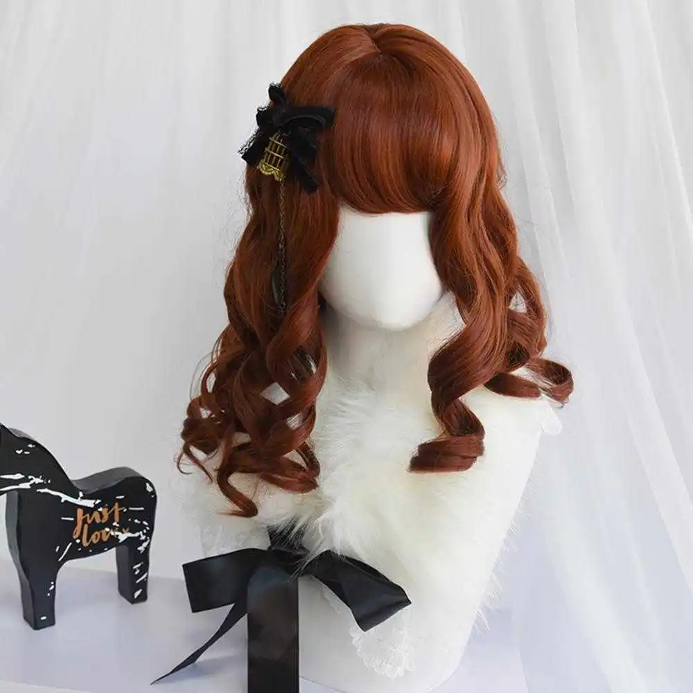 

CosplayMix 35CM Halloween Princess Lolita Sweet Medium Curly Caramel Gold Wine Red Bangs Cute Synthetic Hair Cosplay Wig+Cap