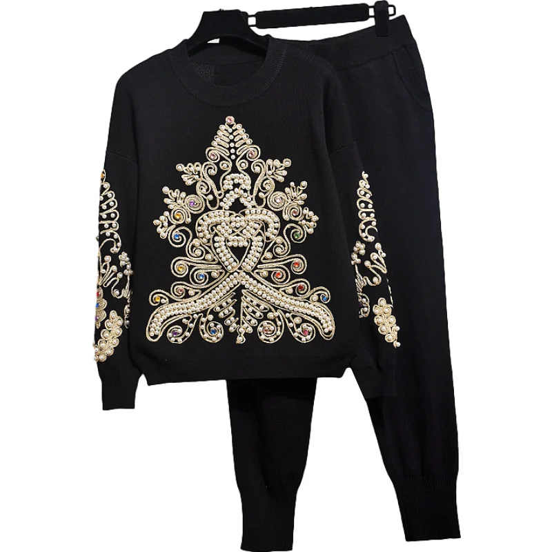 High quality Autumn New Women Knit Suits Fashion Embroidery Beading Long sleeve Knitted Sweater + Pants Two Piece Outfits G511
High quality Autumn New Women Knit Suits Fashion Embroidery Beading Long sleeve Knitted Sweater + Pants Two Piece Outfits G511