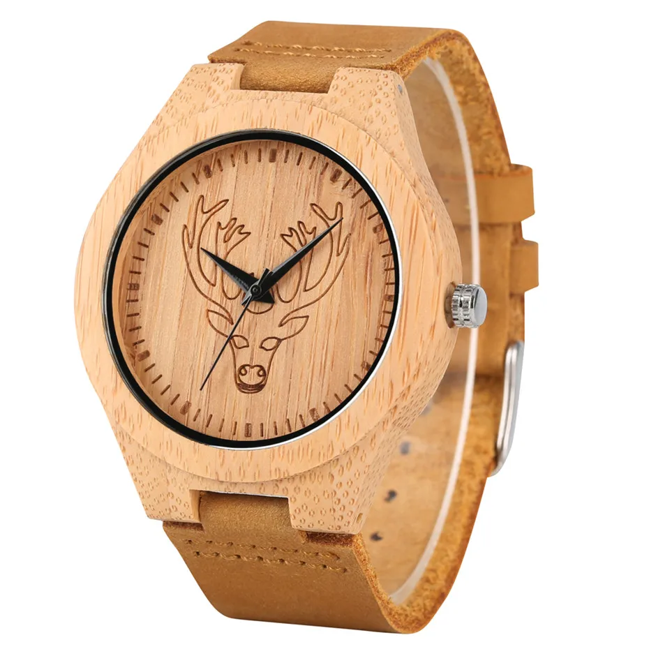Carving Elk Design Bamboo Wood Men Watch Hot Fashion Natural Wooden Quartz Genuine Leather Wristwatch Top Christmas Clock Gift
Carving Elk Design Bamboo Wood Men Watch Hot Fashion Natural Wooden Quartz Genuine Leather Wristwatch Top Christmas Clock Gift