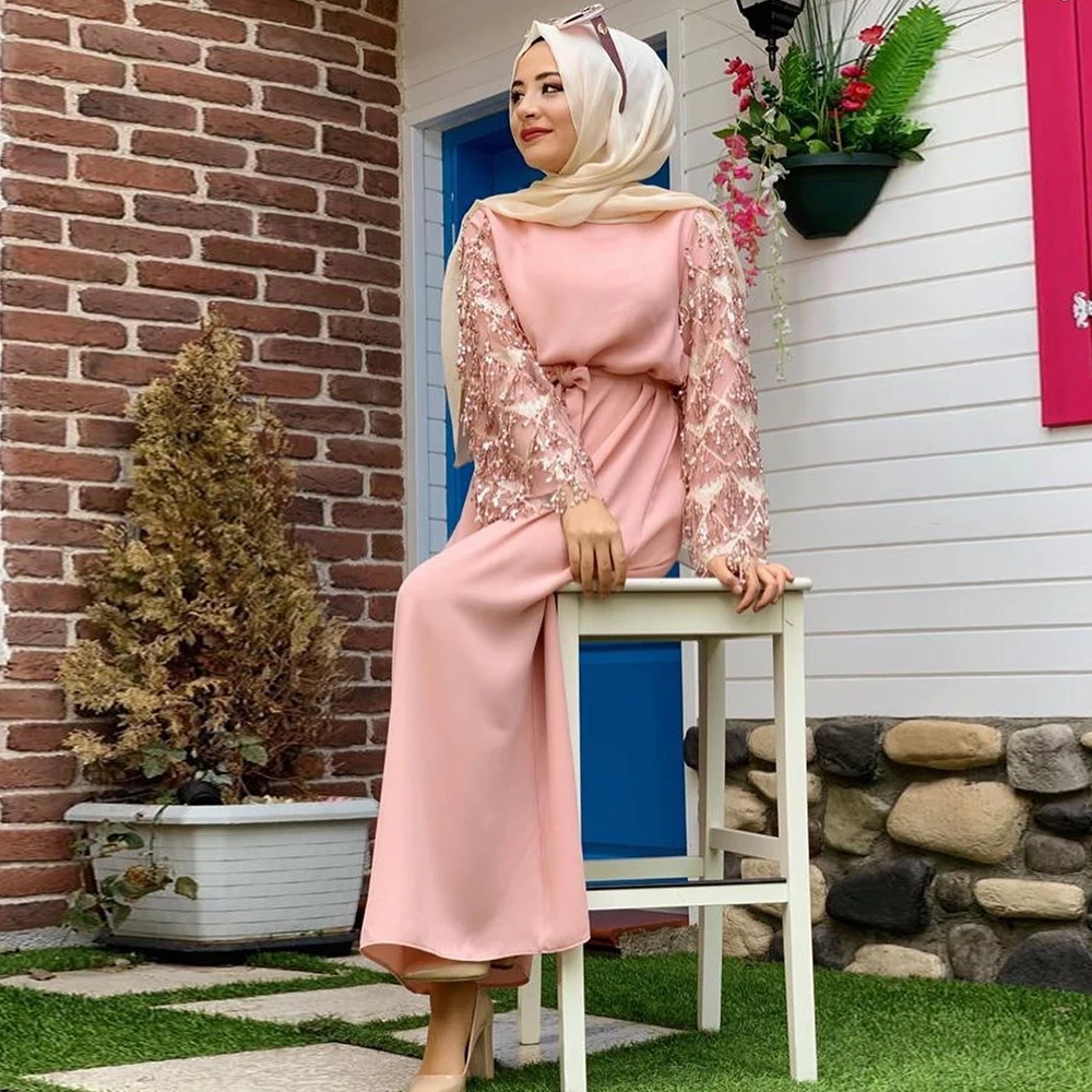 

Siskakia Muslim Hijab Dress Pink Sequins Fringe Long Sleeve Maxi Dress Solid loose Belted Turkey Arabian Dubai Islamic Clothing