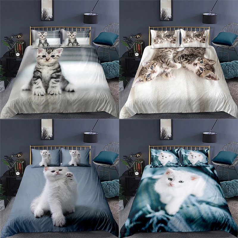 

Комплект постельного белья с 3D принтом кота, 2/3 шт., удобный пододеяльник с животными, наволочка, домашний текстиль, Размеры ЕС/США/Австралии, для королевы и короля