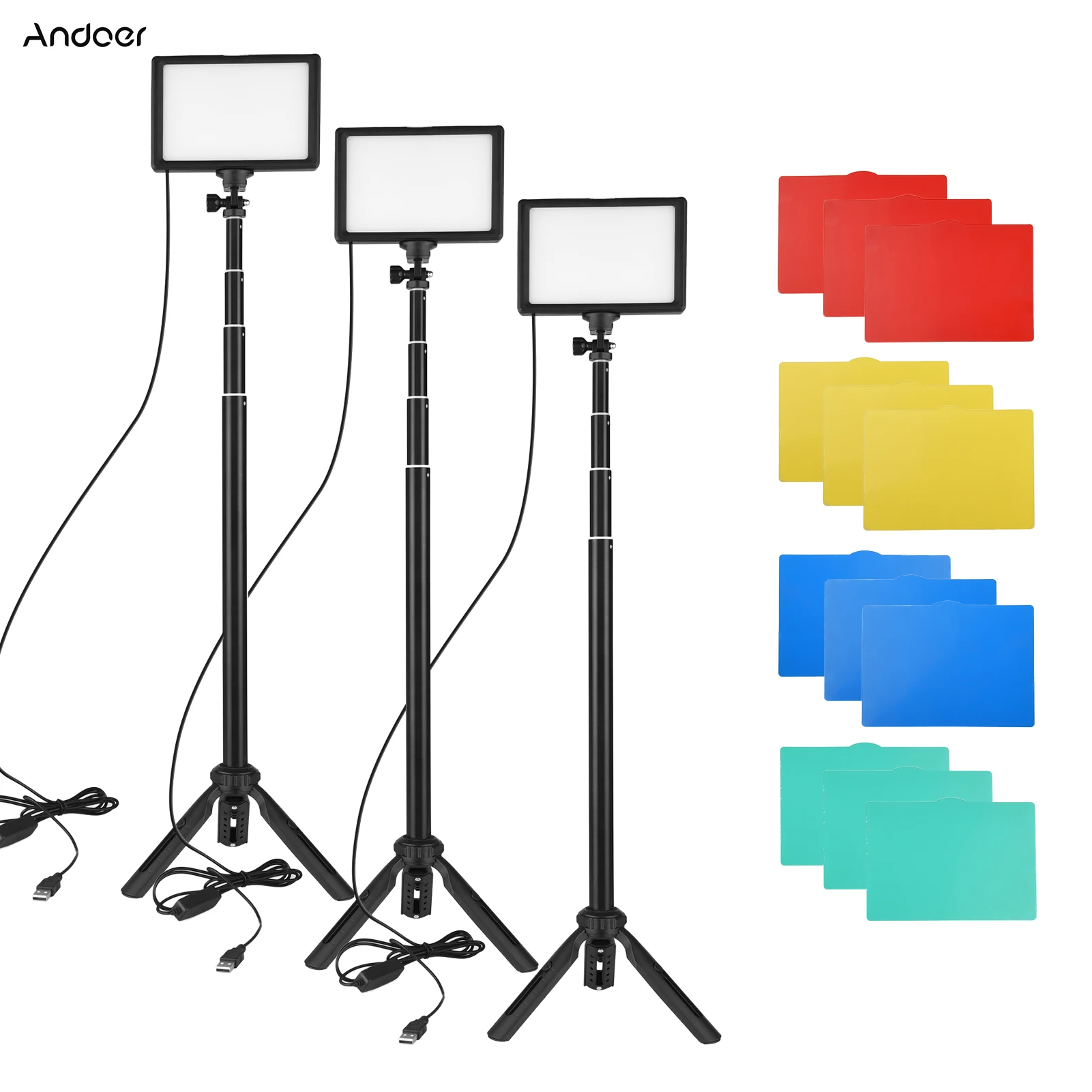 Andoer 3 Pack USB LED Video Light Kit Photography Lighting 3200K-5600K with Tripod Stand Filters Triple Cold Shoe Mount for Live
Andoer 3 Pack USB LED Video Light Kit Photography Lighting 3200K-5600K with Tripod Stand Filters Triple Cold Shoe Mount for Live