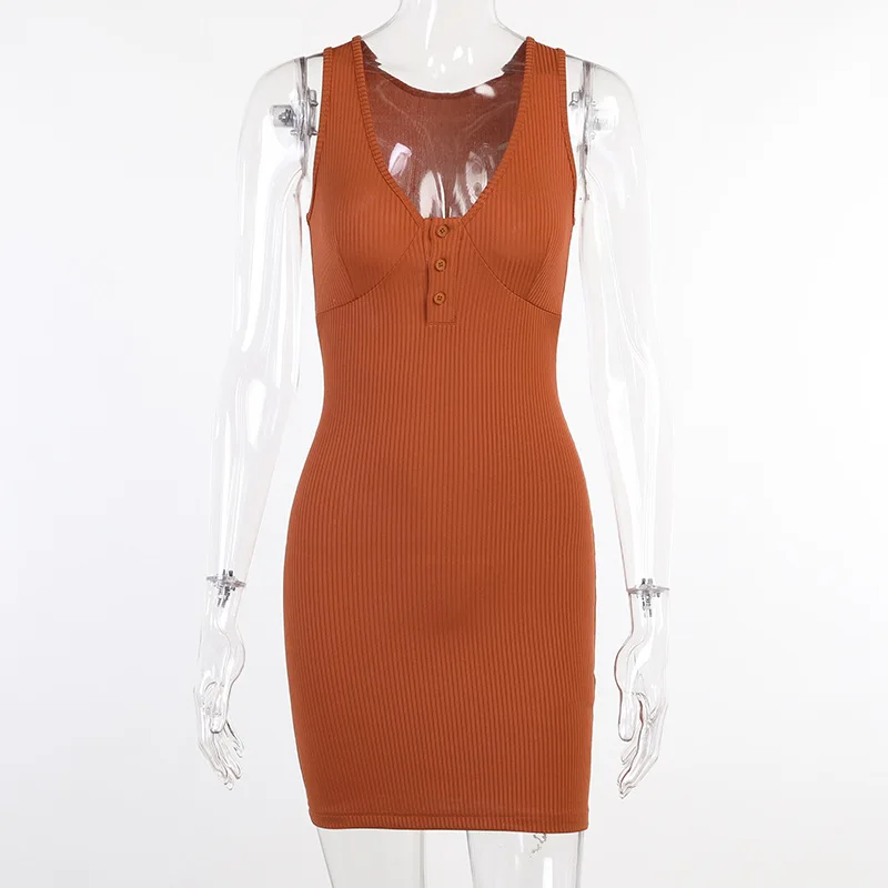 Black Mini Dress Women Sexy V-Neck Button Bodycon Dresses Party Club Sleeveless Ribbed Beach Sundress Holiday Elegant 2021Summer