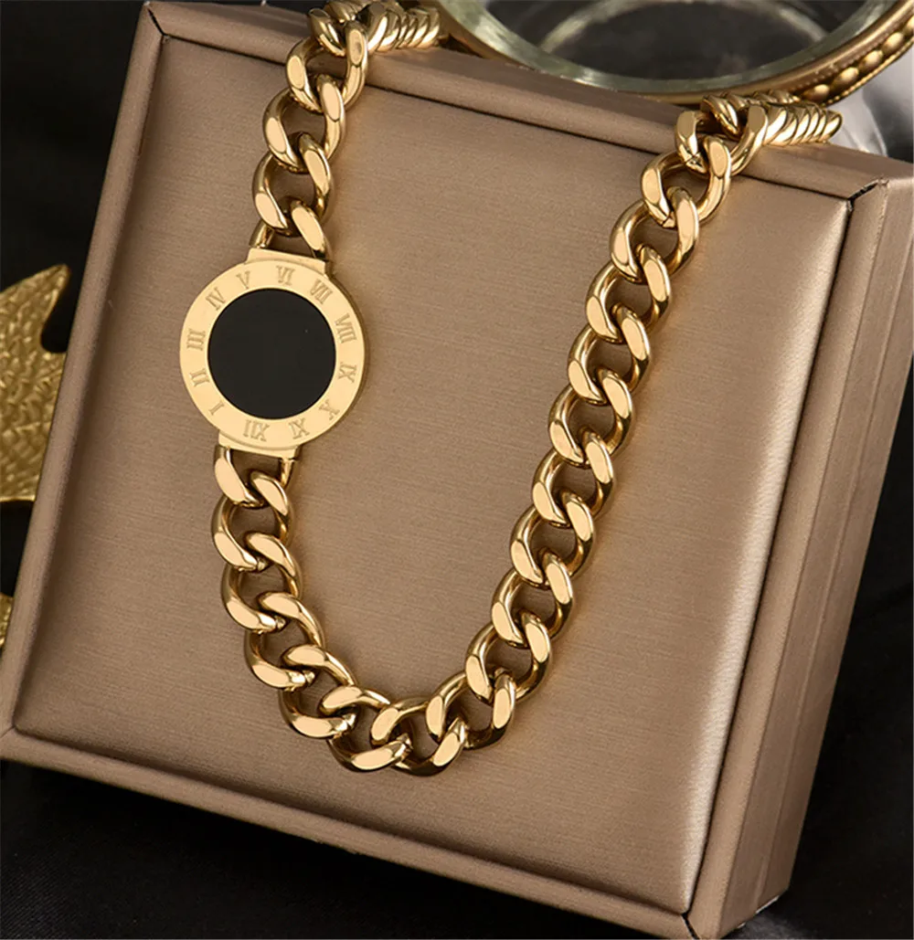 316L Stainless Steel Thick Chain Roman Numerals Black Round Necklace Bracelet Temperament Hip Hop Fashion Jewelry Set
316L Stainless Steel Thick Chain Roman Numerals Black Round Necklace Bracelet Temperament Hip Hop Fashion Jewelry Set