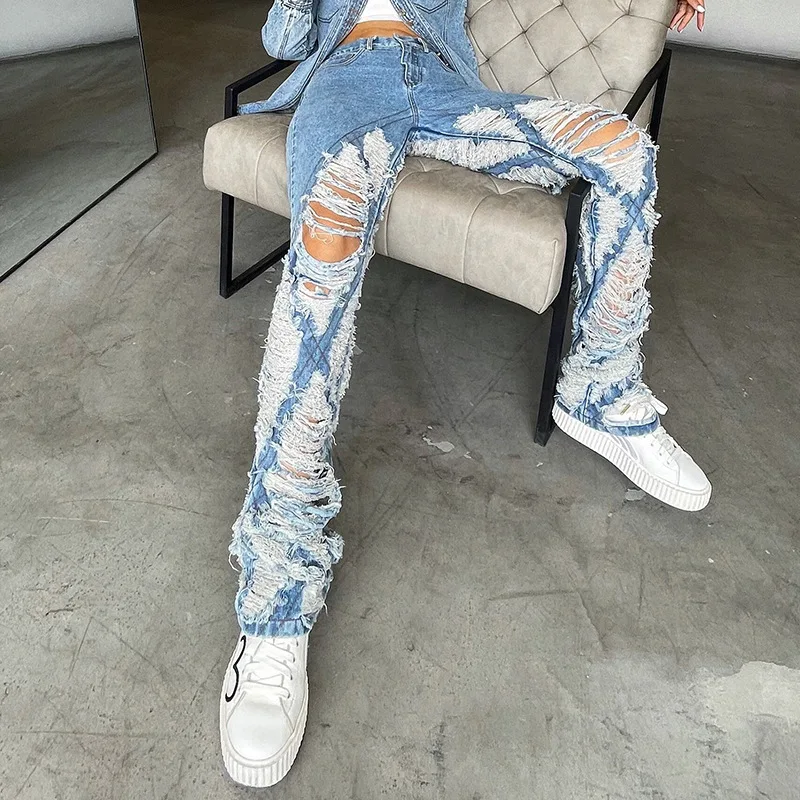 Irregular raw edge stitching jeans spring and autumn new washed and worn out thin blue high-waisted straight trousers women 
Irregular raw edge stitching jeans spring and autumn new washed and worn out thin blue high-waisted straight trousers women