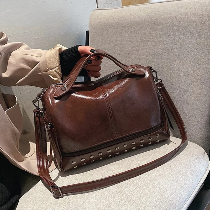 

Female 2021 Vintage Shoulder Bag Luxury Rivet Handbag Soft PU Leather Crossbody Bags For Women Casual Boston Tote Bolsa Feminina