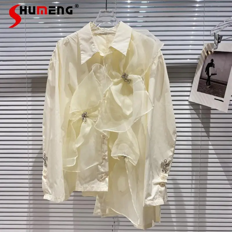 2021 Summer New Rhinestone Beaded Mesh Bow Blouse for Women Asymmetric Stitching Single-Breasted Long Sleeve Shirt Ladies
2021 Summer New Rhinestone Beaded Mesh Bow Blouse for Women Asymmetric Stitching Single-Breasted Long Sleeve Shirt Ladies