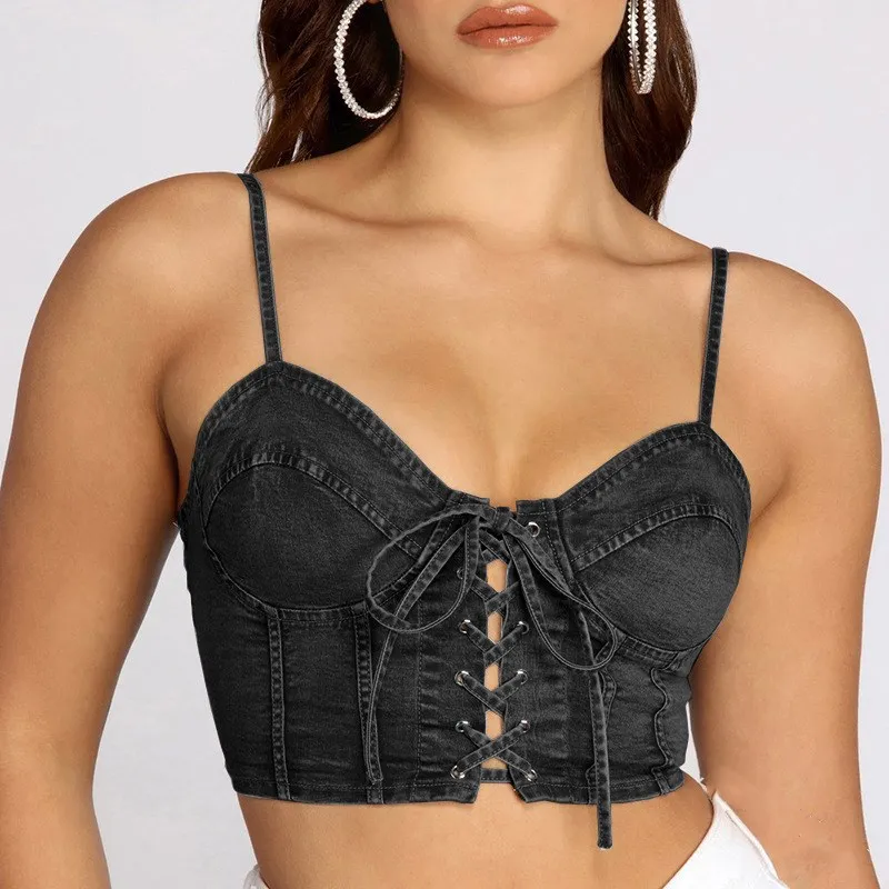 2020 new women's sexy wear casual solid color bandage denim sling e9z321