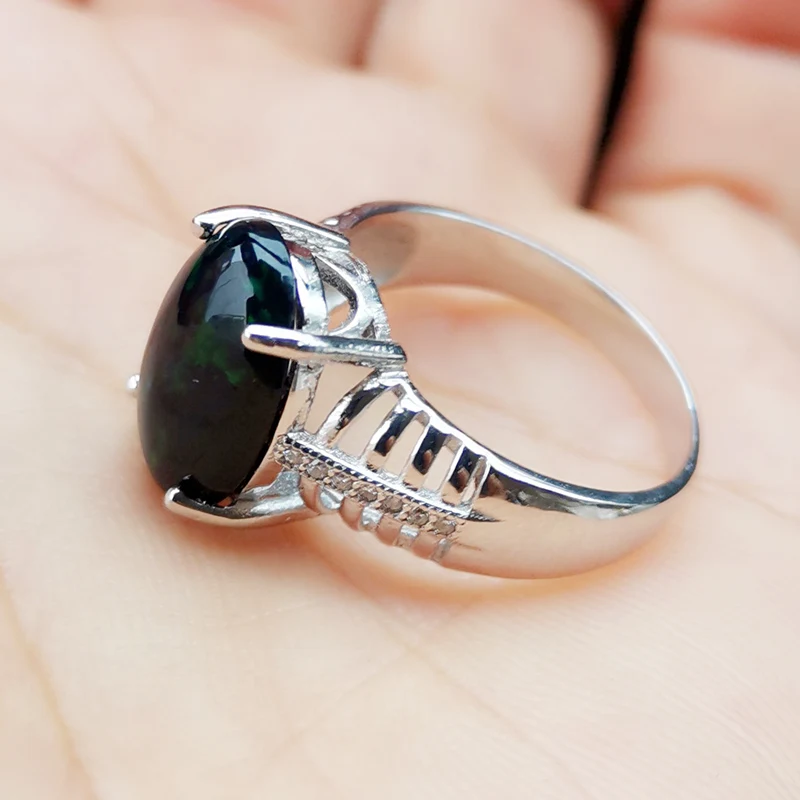 Овальное кольцо с натуральным черным опалом 3 карата серебро 925 пробы для мужчин и
