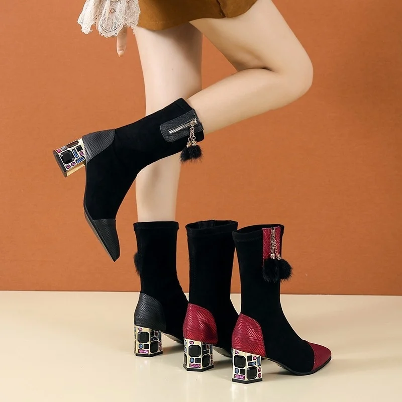 Women's Winter Suede Stretch Calf Boots Female Matching Color Pointed Toe Horseshoe Heels Side Fringed Booties Lady Ankle Boots
Women's Winter Suede Stretch Calf Boots Female Matching Color Pointed Toe Horseshoe Heels Side Fringed Booties Lady Ankle Boots
