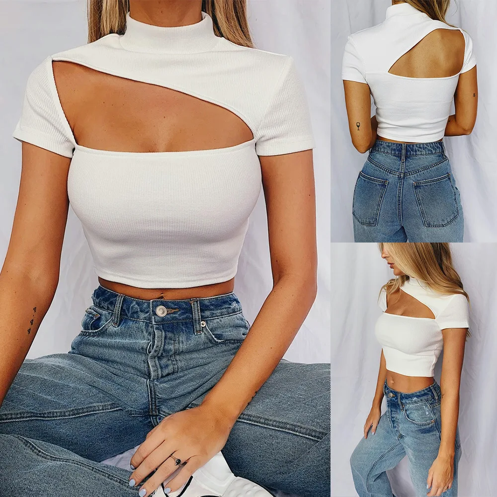 Women's sexy half high collar buckle hollow solid color round neck slim knit short short sleeve T-shirt
Women's sexy half high collar buckle hollow solid color round neck slim knit short short sleeve T-shirt