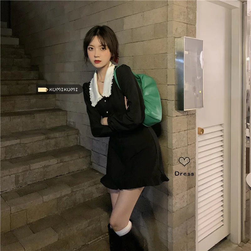 French collar short skirt women's autumn waist closed small Girl Skirt Black Long Sleeve Dress
French collar short skirt women's autumn waist closed small Girl Skirt Black Long Sleeve Dress