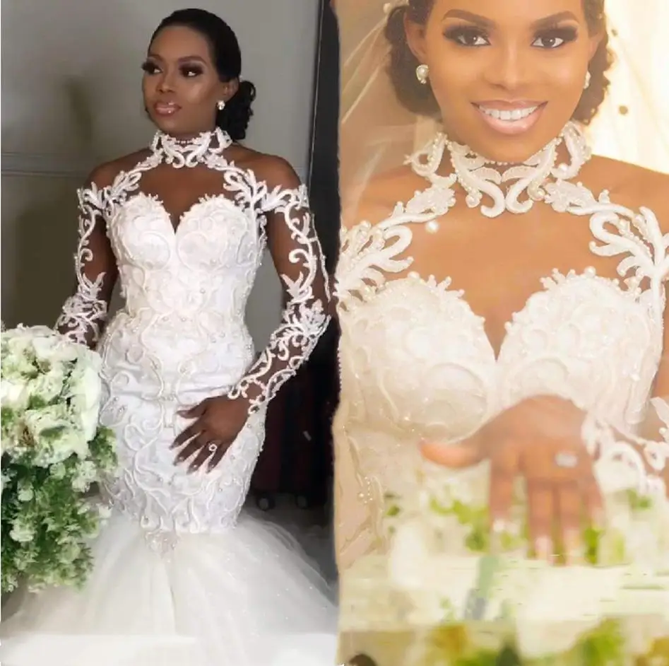 African Lace Mermaid Wedding Dresses 2023 High Neck Illusion Long Sleeves Vestido Bridal Gowns
African Lace Mermaid Wedding Dresses 2023 High Neck Illusion Long Sleeves Vestido Bridal Gowns