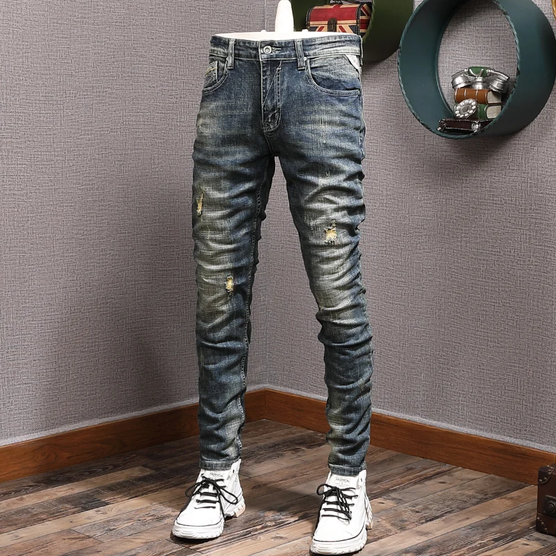 European Vintage Fashion Men Jeans Retro Dark Blue Elastic Slim Ripped Jeans Men Embroidery Patched Designer Casual Denim Pants
European Vintage Fashion Men Jeans Retro Dark Blue Elastic Slim Ripped Jeans Men Embroidery Patched Designer Casual Denim Pants