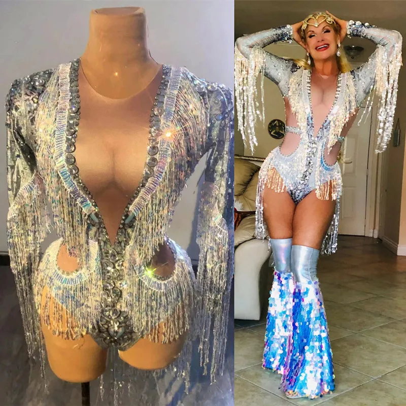 Bar Nightclub Tassel Dance Costume Silver Sequins Fringe Sleeve Bodysuit Sexy Elastic Leotard Stage Wear Party Show Sexy Clothes
Bar Nightclub Tassel Dance Costume Silver Sequins Fringe Sleeve Bodysuit Sexy Elastic Leotard Stage Wear Party Show Sexy Clothes