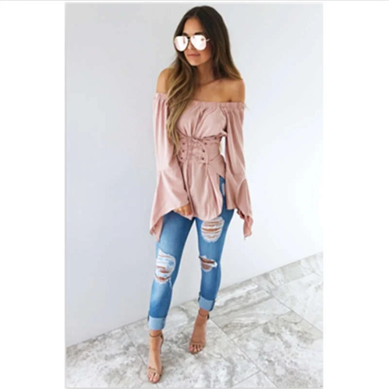 Style Women Off Shoulder Pink Tops Sexy Waist Lace Up Blouses Autumn Fashion Long Sleeve Tied Festivals Classics Top
Style Women Off Shoulder Pink Tops Sexy Waist Lace Up Blouses Autumn Fashion Long Sleeve Tied Festivals Classics Top